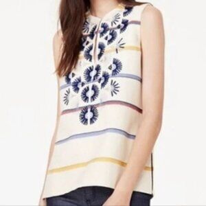 Tory Burch Ivory Top with Navy Embroidery